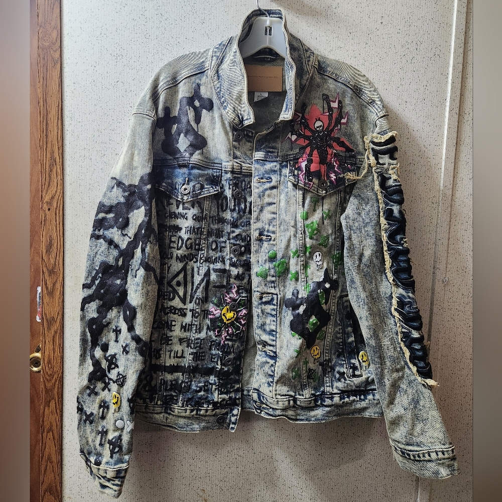 Smoke Rise Graffiti Denim Jacket L Sheffield Embroidered Paint Goth Grunge Clean
